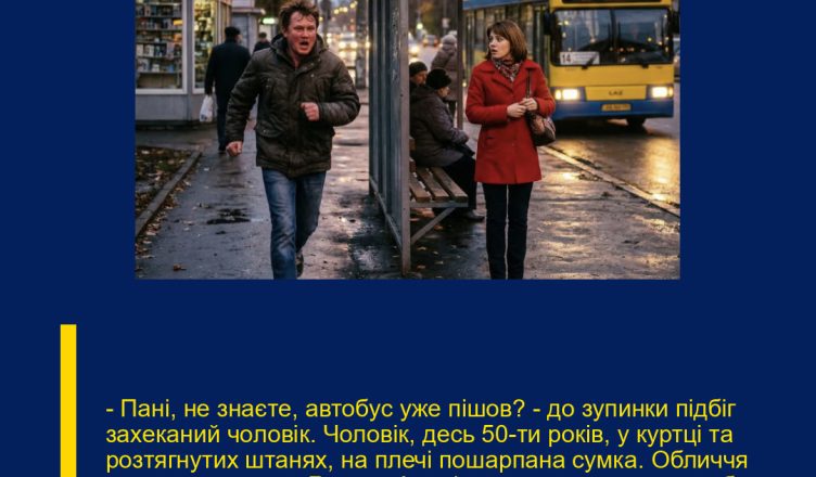— Пані, не знаєте, автобус уже пішов? — до зупинки підбіг захеканий чоловік. Чоловік, десь 50-ти років, у куртці та розтягнутих штанях, на плечі пошарпана сумка. Обличчя просте, з вусами. Лариса Андріївна вуса завжди не любила, тому відвернулася так і не відповівши.